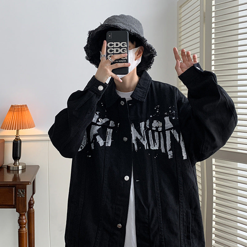 Autumn American graffiti letter printing handsome high street Denim jacket men and women couple all-match youth loose jacket