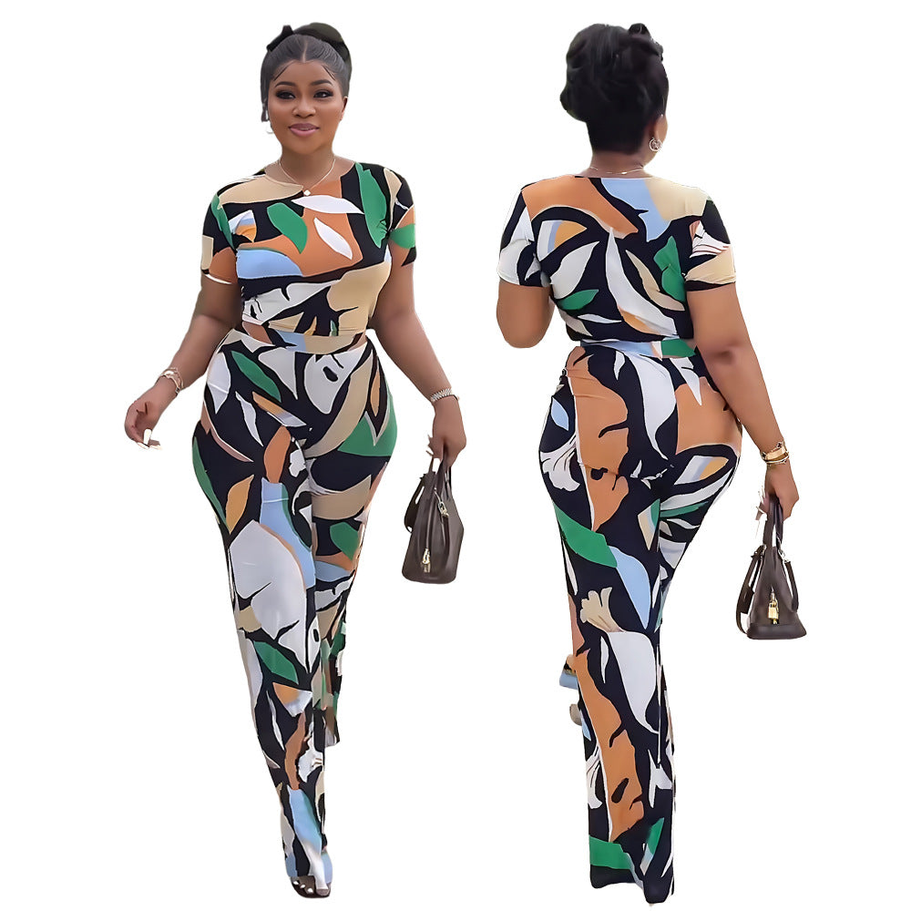 10266 Cross-border European and American Amazon Printed Slim-fit Short-sleeved Casual Elegant High Waist Pants suit Two-piece Set
