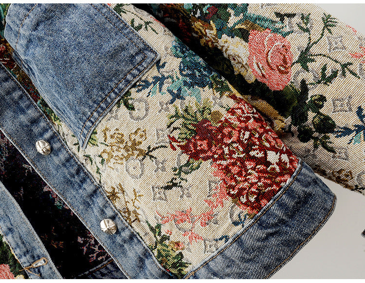 2024 Spring New All-match Printed Stitching Long Sleeve Lapel Denim Coat Women's Short Small Top Jacket
