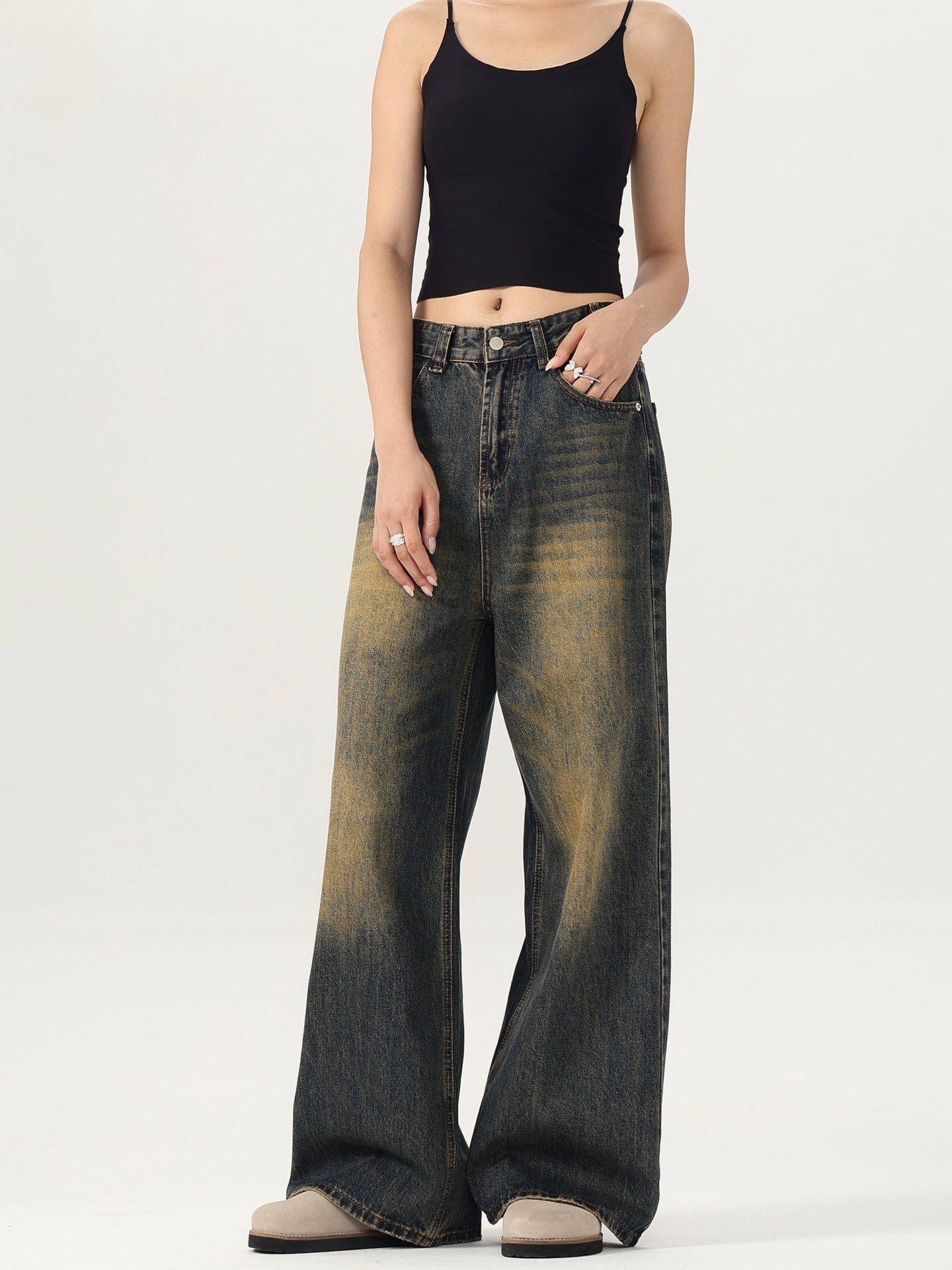 LKTM Men's# American Street Retro Mud Dyed Old Jeans Men's and Women's Trendy Brand Loose Straight Pants