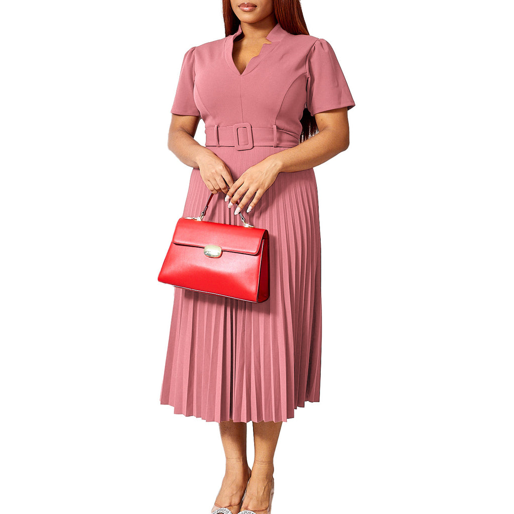 D563 Foreign Trade Cross-border Women's Clothing Summer New Short-sleeved V-neck Pleated High Waist Fashion Elegant Waist African dress