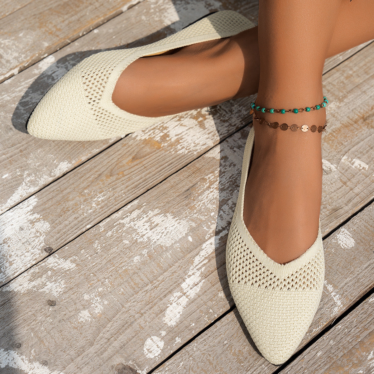 Knitted Women's Shoes Breathable Soft Sole 2025 New Comfortable Pointed Flat Shallow Mouth Slip-on Casual Shoes