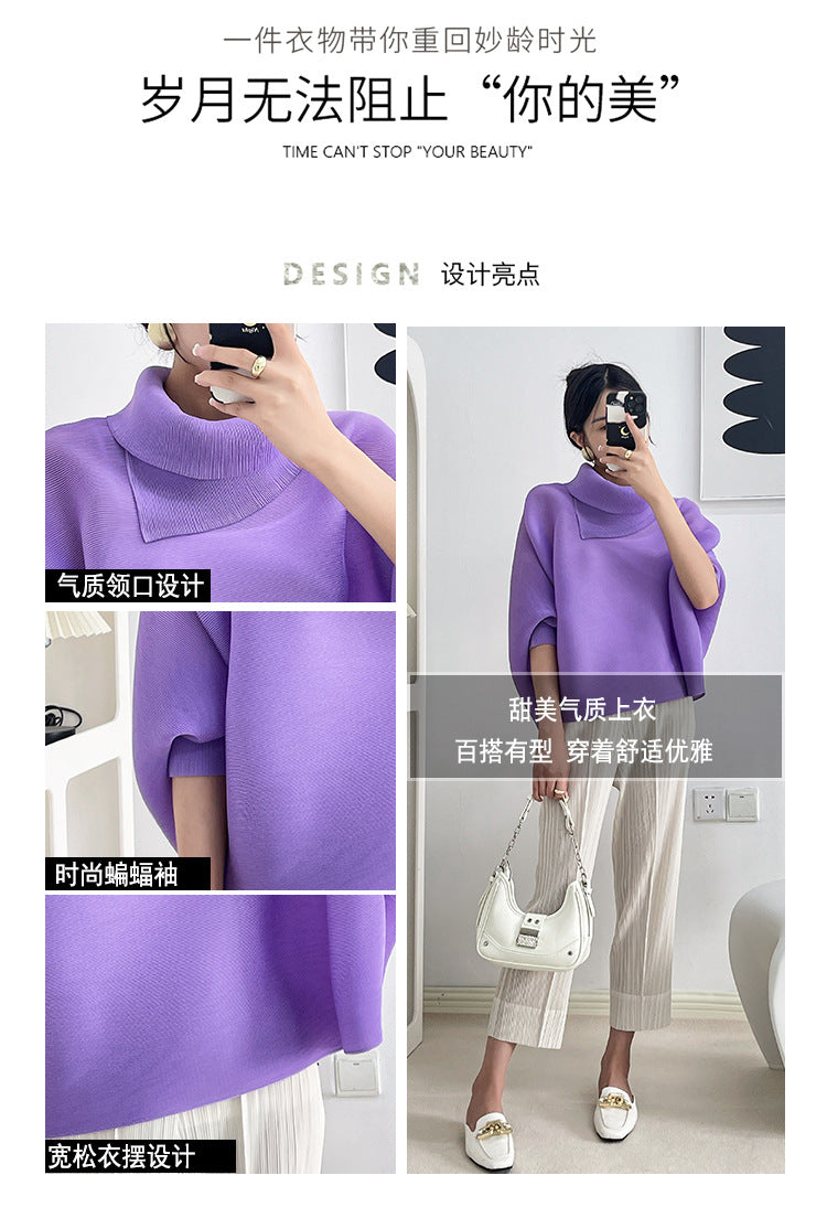 2026 Pleated Lapel Batwing Sleeve Top for Women, Spring and Autumn Style, Loose Fit, Plus Size, Long Sleeve, Pleated Solid Color Base Shirt T-Shirt