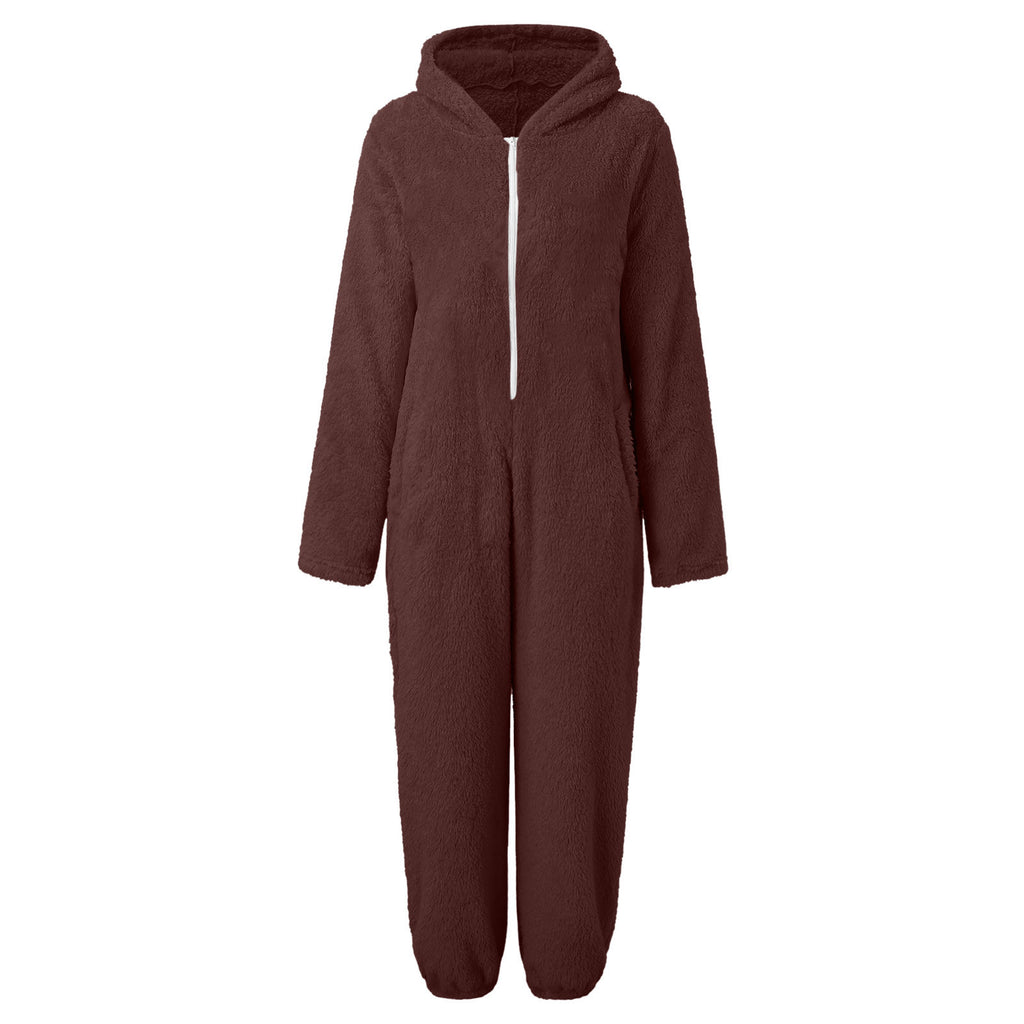 2022 Cross-border Europe and America Amazon Solid Color Thickened Double-sided Fleece Hooded Jumpsuit Casual Couple Home Wear
