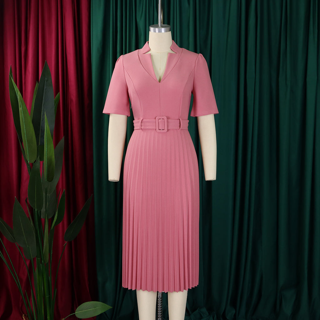 D563 Foreign Trade Cross-border Women's Clothing Summer New Short-sleeved V-neck Pleated High Waist Fashion Elegant Waist African dress