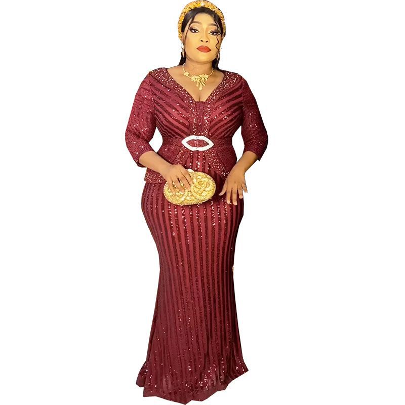 Africa Cross-border 2023 New Sequins Fashion Women's Seven-sleeve Fishtail Long Dress Sleeve Fashion Evening Wear Europe and America