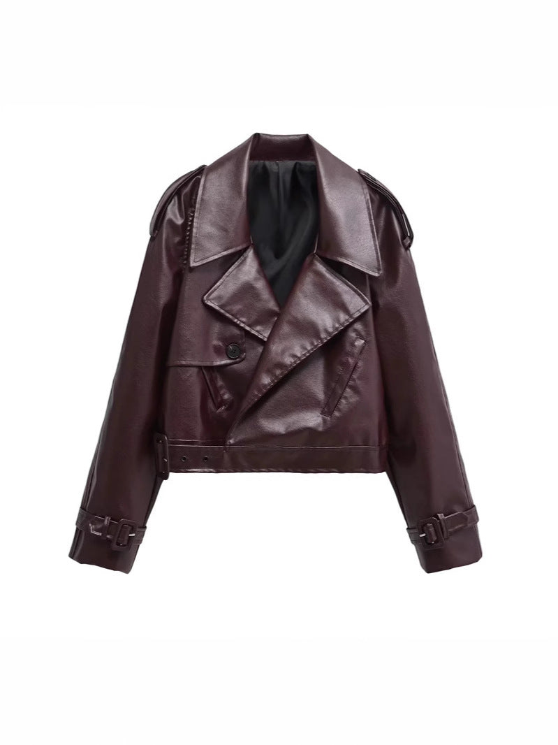 European and American Style Deep Retro Lapel Imitation Leather Jacket Top Autumn and Winter New Street Style Loose Pure Color Casual Jacket for Women