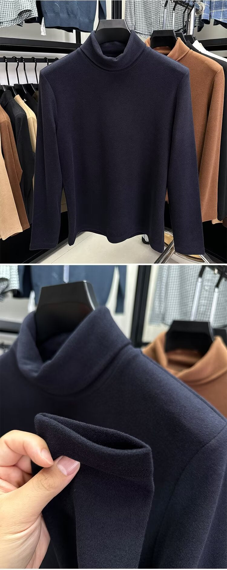 Fleece High Collar Base Shirt Men's Autumn and Winter Thickened Warm Top Double-sided Fleece Slim-fit Sweater Men's High-end Long-sleeved T-shirt
