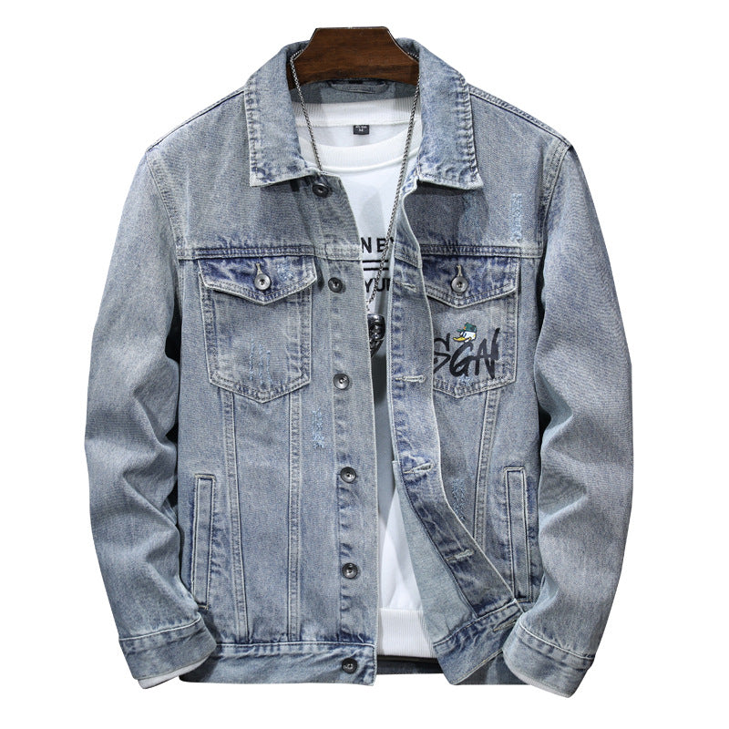 Autumn 2024 Men's Denim Jacket Coat Printed Casual Handsome Fashion Brand All-match Top Men's Jeans