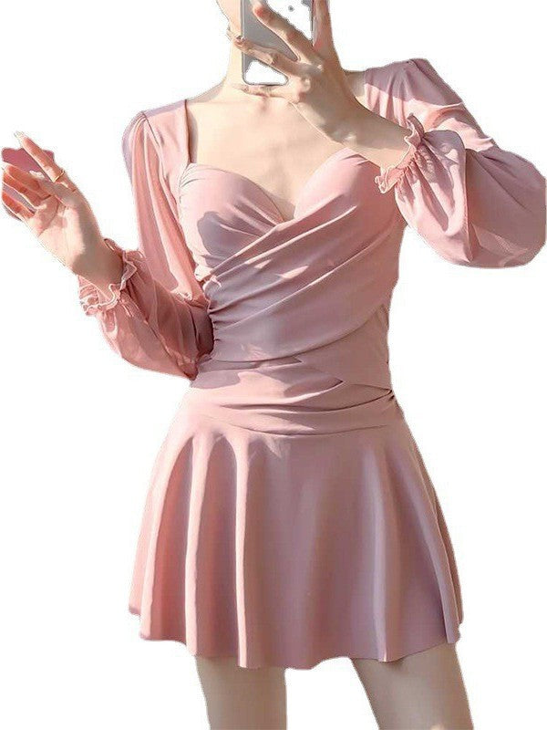 Yan 2026 New Style Sweet and Pure Desire Style with Underwire, Push-Up, Slimming, Long-Sleeved Dress-Style One-Piece Swimsuit for Women Wholesale