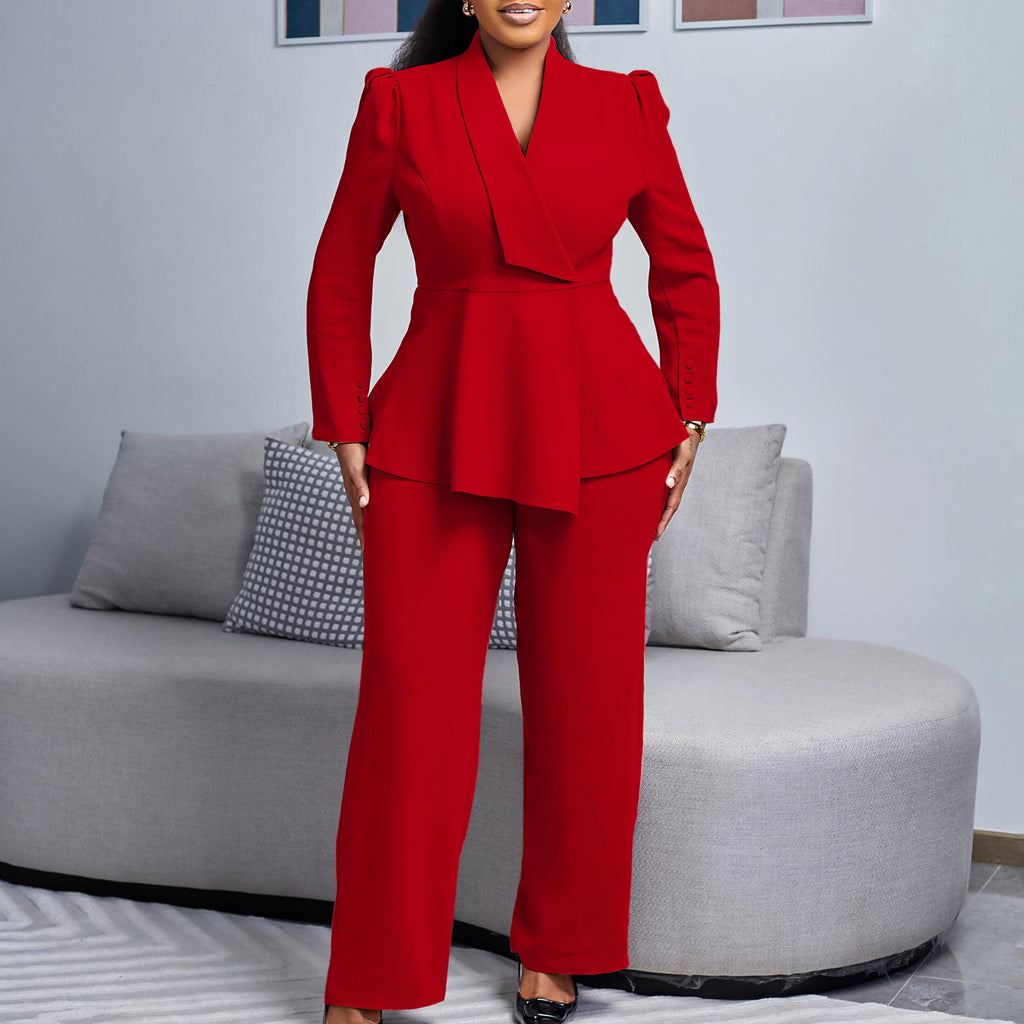 D549 European and American Clothing Winter New Fashion Elegant Elegant Ol Ruffle Top Wide Leg Pants Fashionable African Suit