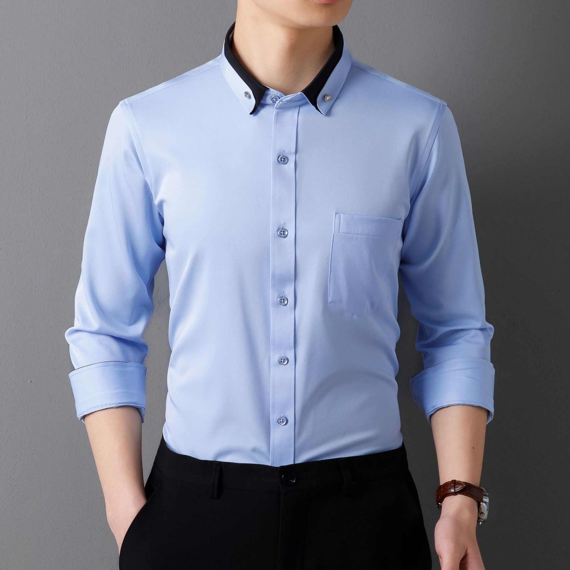 Business Shirts, Long-Sleeved Men's Shirts, No-Iron, Four-Way Stretch, Diamond Button Shirts, Men's Long-Sleeved Shirts