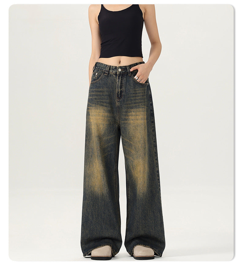 LKTM Men's# American Street Retro Mud Dyed Old Jeans Men's and Women's Trendy Brand Loose Straight Pants
