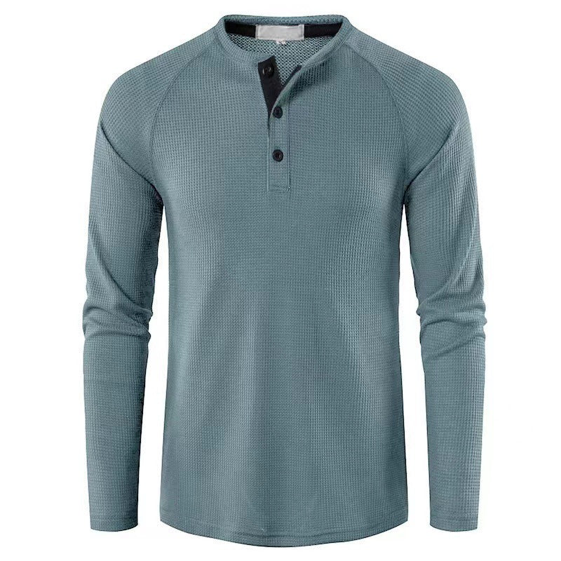 2023 Autumn and Winter Cross-border Amazon Men's T-shirt European and American Foreign Trade Men's Solid Color Long Sleeve Waffles Henry Shirt