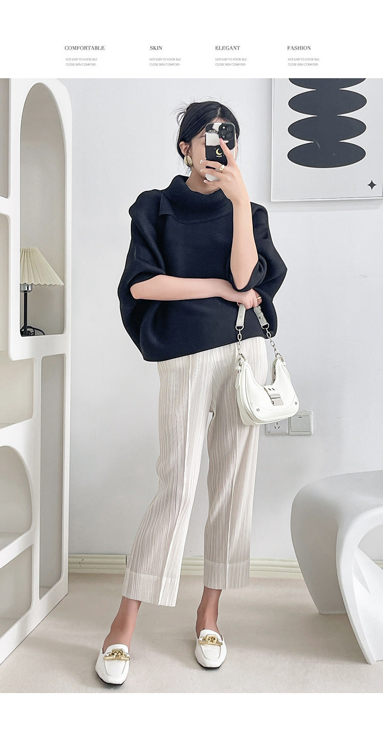 2026 Pleated Lapel Batwing Sleeve Top for Women, Spring and Autumn Style, Loose Fit, Plus Size, Long Sleeve, Pleated Solid Color Base Shirt T-Shirt