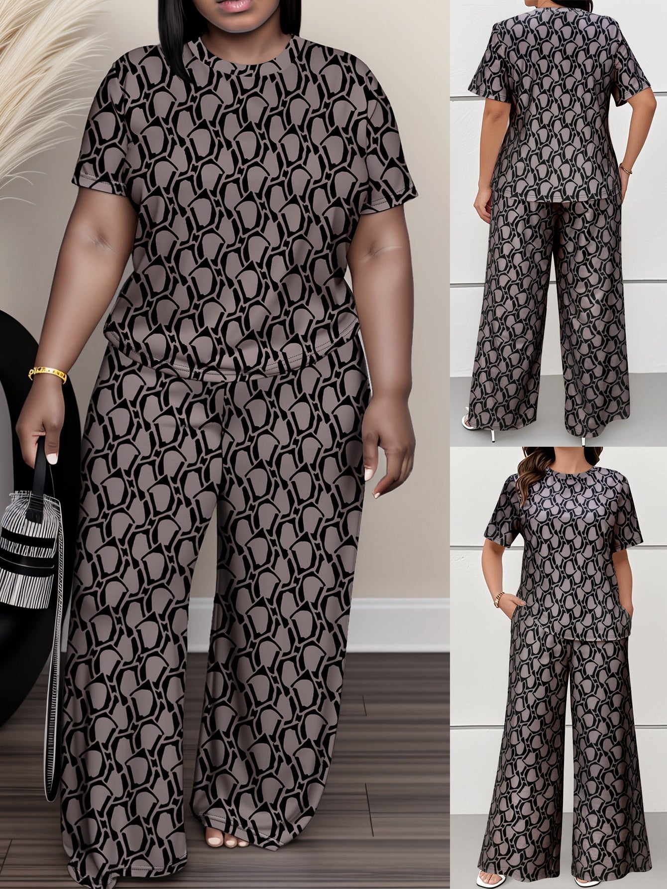 Cross-Border Amazon European and American Women's Fashion Elegant Printed Short-Sleeved Straight-Leg Pants Plus-Size Casual Suit Summer