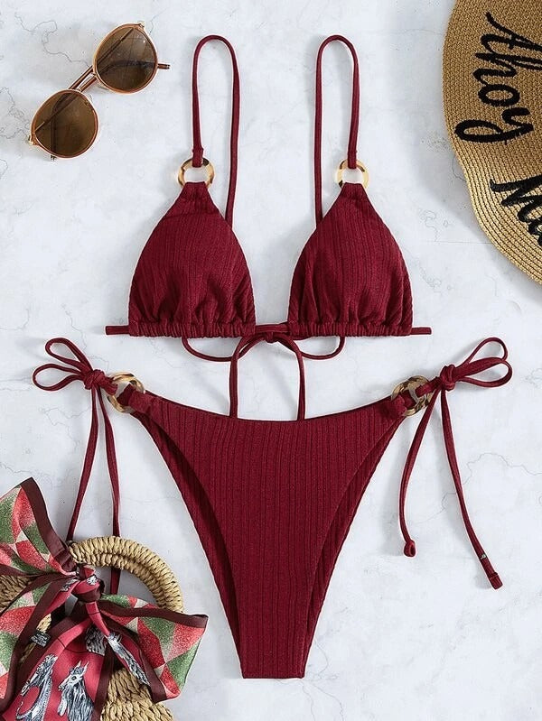 2024 New Ins Swimsuit for Women Split Bikini Two-Piece Set Fairy Style Sexy Pure Color Lace-Up Swimsuit for Women