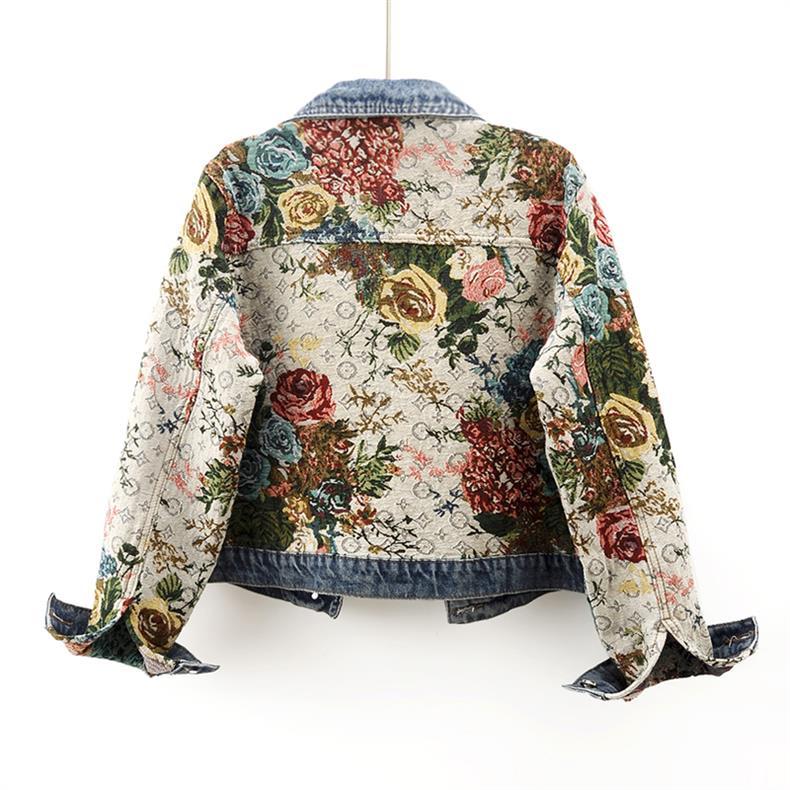 2024 Spring New All-match Printed Stitching Long Sleeve Lapel Denim Coat Women's Short Small Top Jacket
