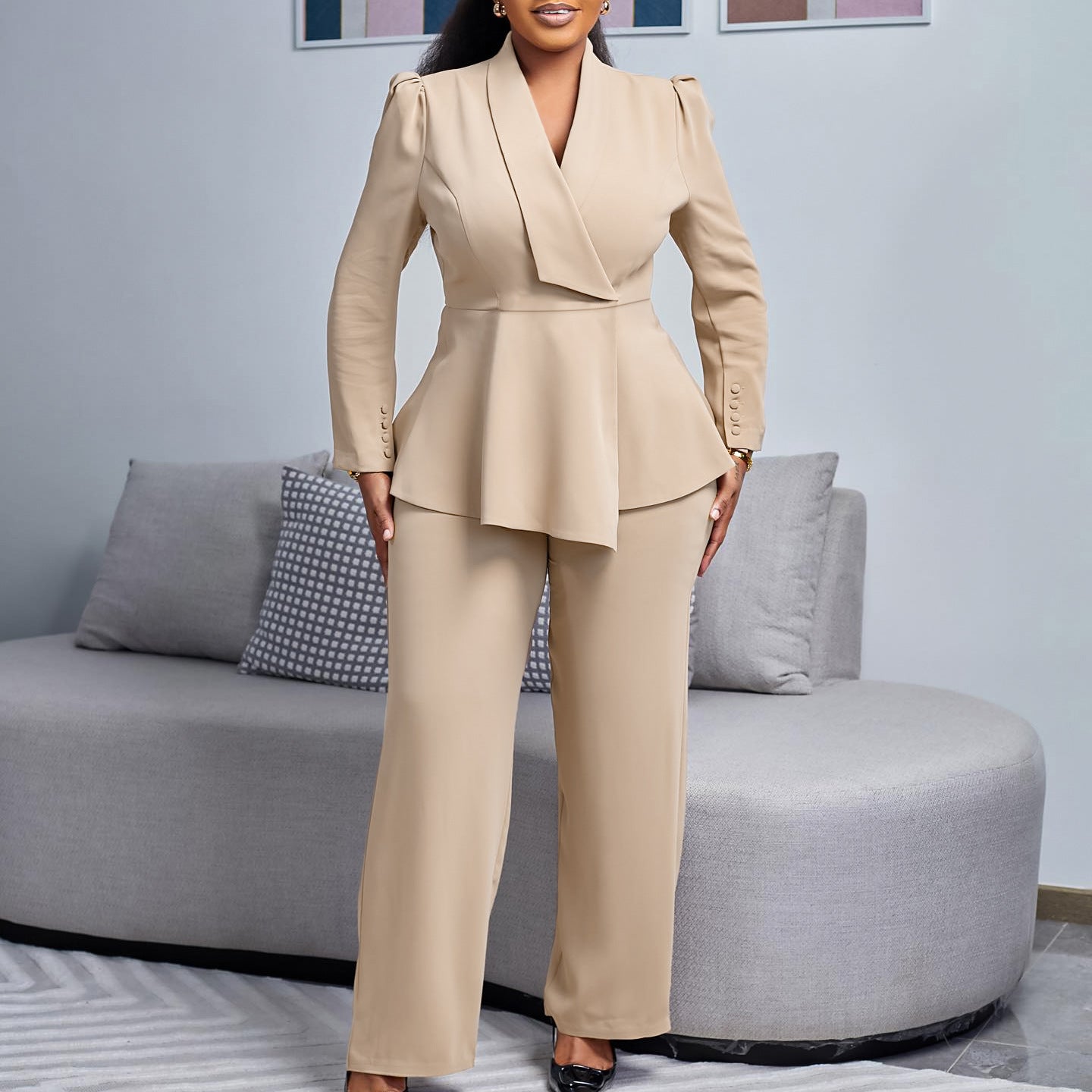 D549 European and American Clothing Winter New Fashion Elegant Elegant Ol Ruffle Top Wide Leg Pants Fashionable African Suit
