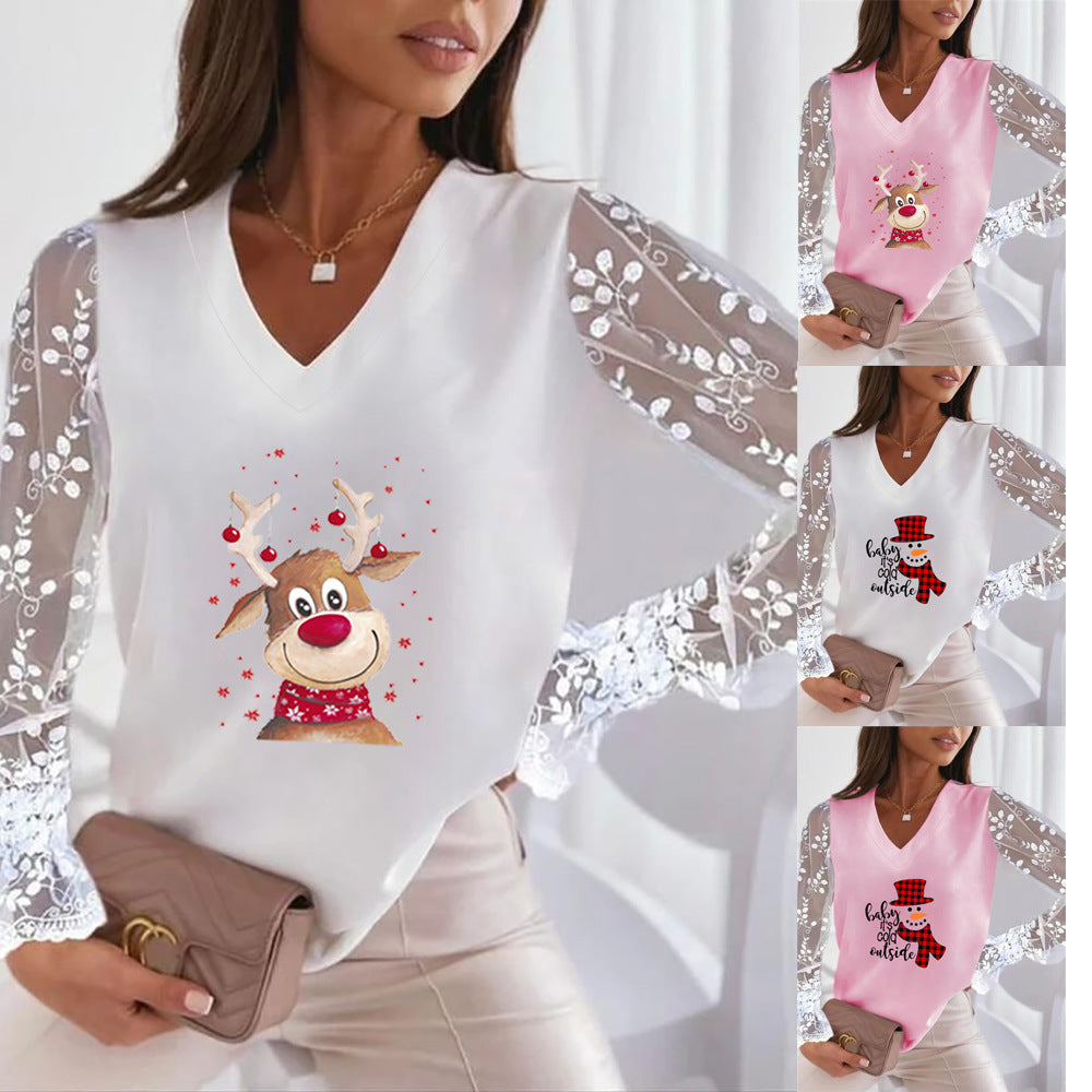 Autumn and Winter New Christmas Personalized Print European and American Cross-border Lace All-match Long-sleeved Women's T-shirt Top
