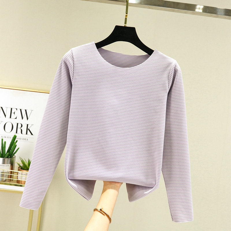 Crewneck Striped Base Shirt Women's Inner Wear Fall/Winter German Velvet 2022 New College Style Long Sleeve T-Shirt Warm Top