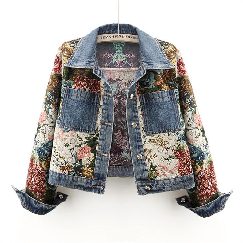 2024 Spring New All-match Printed Stitching Long Sleeve Lapel Denim Coat Women's Short Small Top Jacket