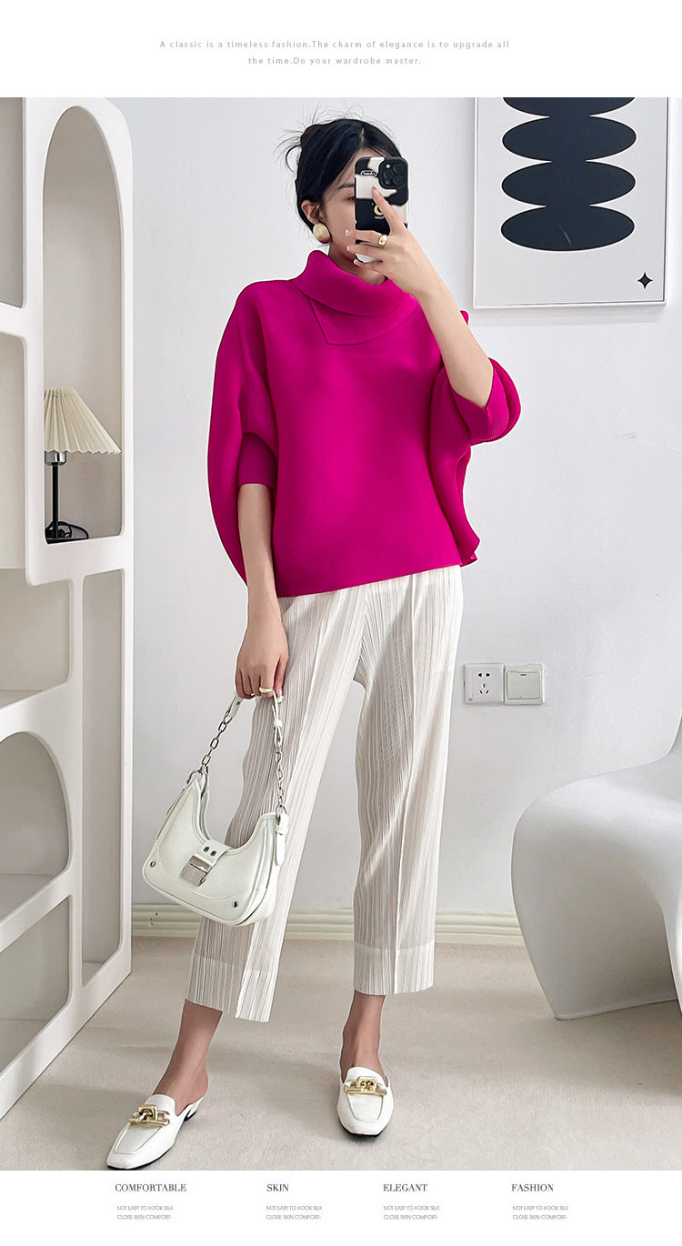 2026 Pleated Lapel Batwing Sleeve Top for Women, Spring and Autumn Style, Loose Fit, Plus Size, Long Sleeve, Pleated Solid Color Base Shirt T-Shirt