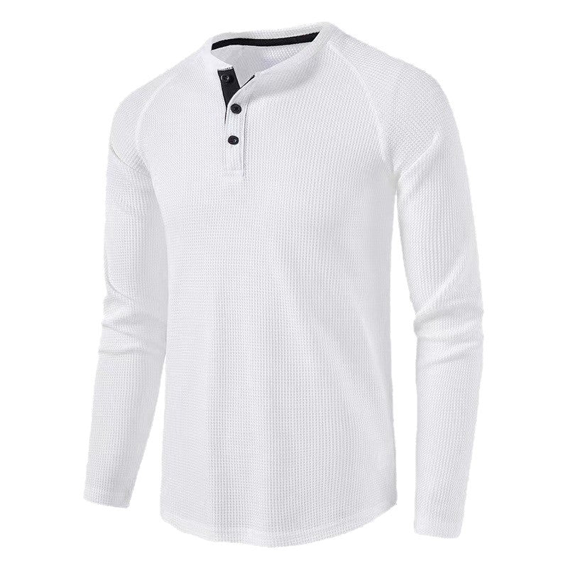 2023 Autumn and Winter Cross-border Amazon Men's T-shirt European and American Foreign Trade Men's Solid Color Long Sleeve Waffles Henry Shirt