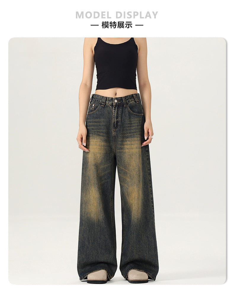 LKTM Men's# American Street Retro Mud Dyed Old Jeans Men's and Women's Trendy Brand Loose Straight Pants