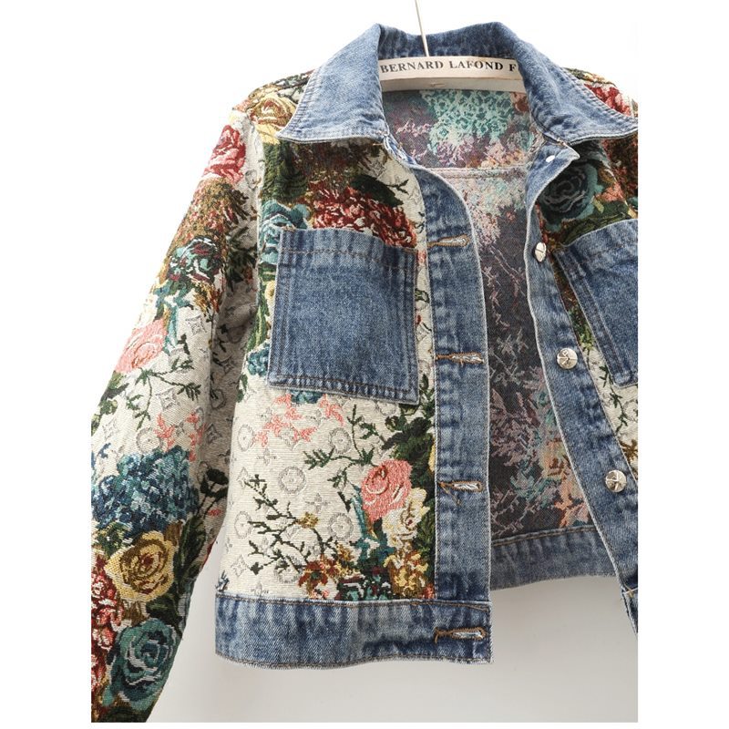 2024 Spring New All-match Printed Stitching Long Sleeve Lapel Denim Coat Women's Short Small Top Jacket