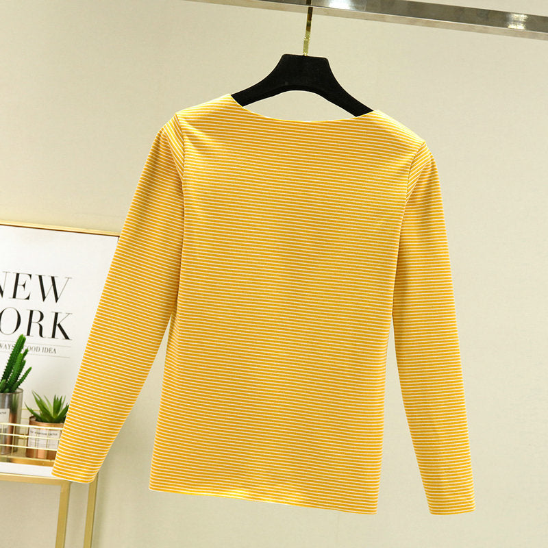 Crewneck Striped Base Shirt Women's Inner Wear Fall/Winter German Velvet 2022 New College Style Long Sleeve T-Shirt Warm Top