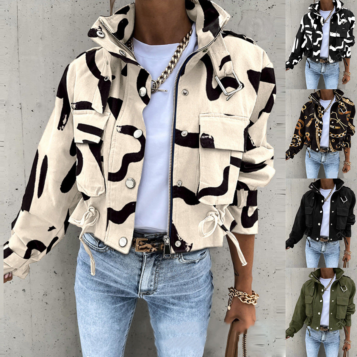 2026 Autumn and Winter Cross-Border Women's European and American New Style Amazon Aliexpress Printed Short Casual Long-Sleeved Jacket Top