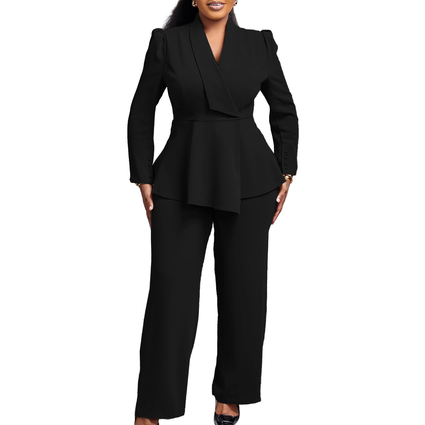 D549 European and American Clothing Winter New Fashion Elegant Elegant Ol Ruffle Top Wide Leg Pants Fashionable African Suit