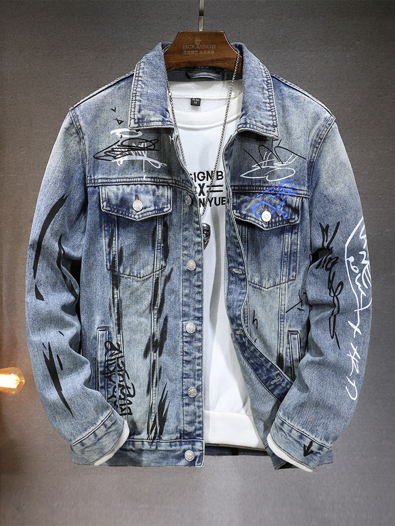 Cross-border new all-matching men's jacket spring and autumn high-end European and American fashion brand graffiti printing fit Denim coat for men