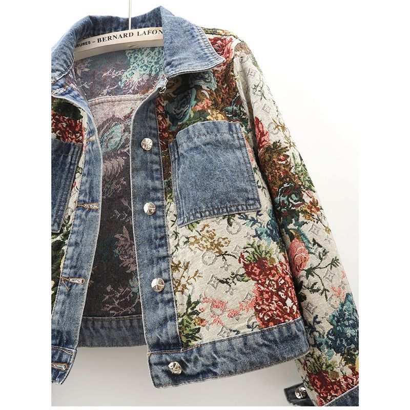 2024 Spring New All-match Printed Stitching Long Sleeve Lapel Denim Coat Women's Short Small Top Jacket