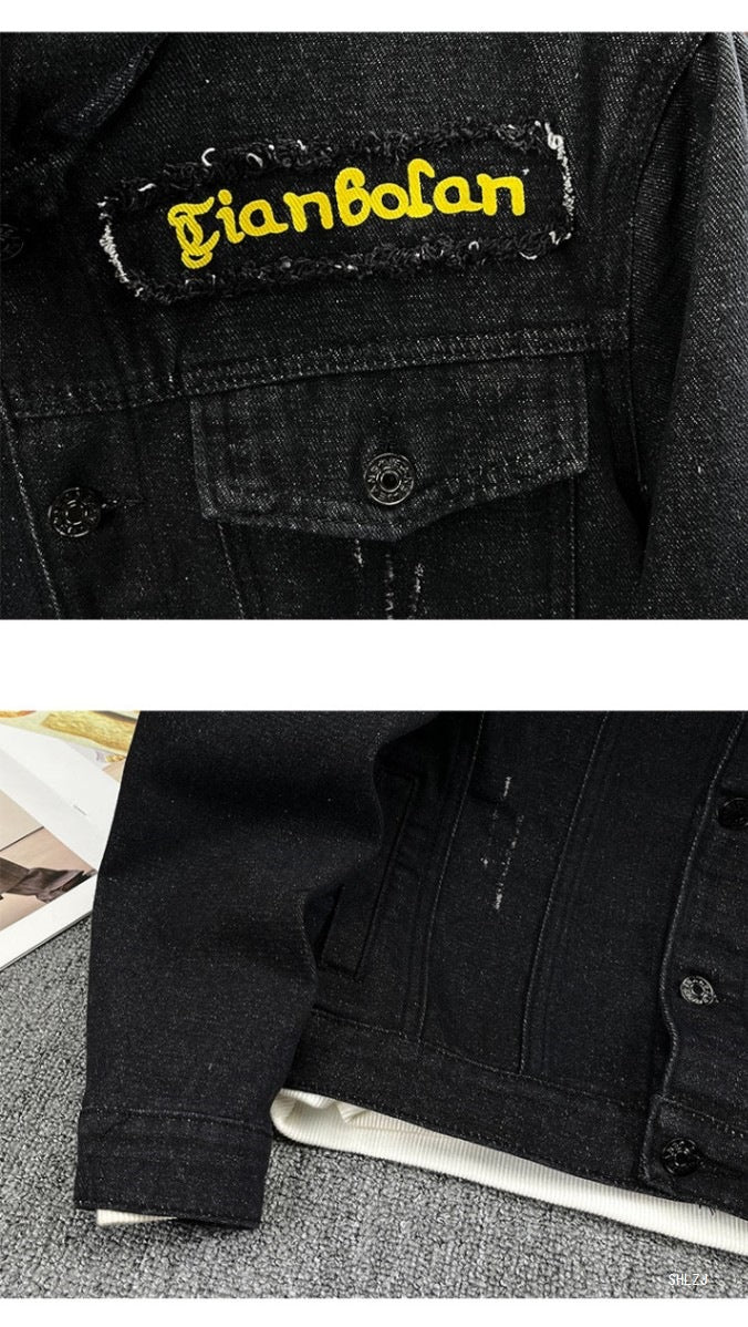 2025 Black Denim Jacket Men's Spring and Autumn Korean Style Trendy Retro Jacket Trendy Brand Letter Print Jacket