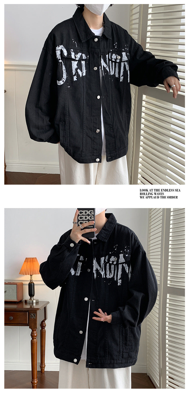 Autumn American graffiti letter printing handsome high street Denim jacket men and women couple all-match youth loose jacket