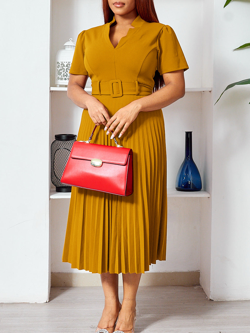 D563 Foreign Trade Cross-border Women's Clothing Summer New Short-sleeved V-neck Pleated High Waist Fashion Elegant Waist African dress