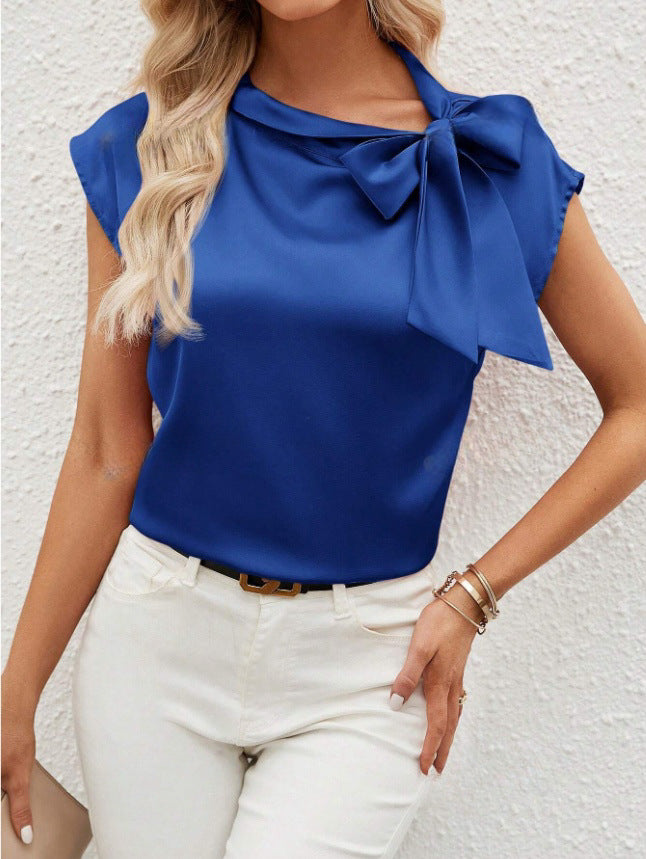 Half Open Collar Bow Satin Top Niche Design Satin Women's Clothing Amazon Cross-border European and American New T-shirt