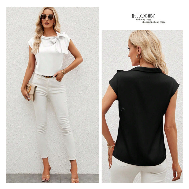 Half Open Collar Bow Satin Top Niche Design Satin Women's Clothing Amazon Cross-border European and American New T-shirt