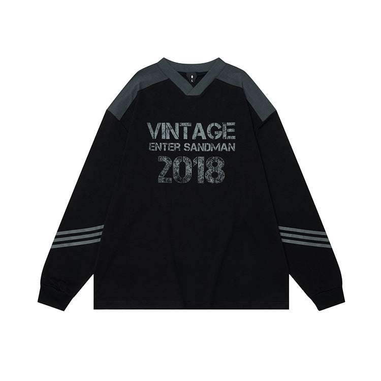 # Ovdy Autumn and Winter American Jersey Retro Letter Print New Small V-Neck Long-Sleeved T-Shirt Trendy Brand for Men and Women