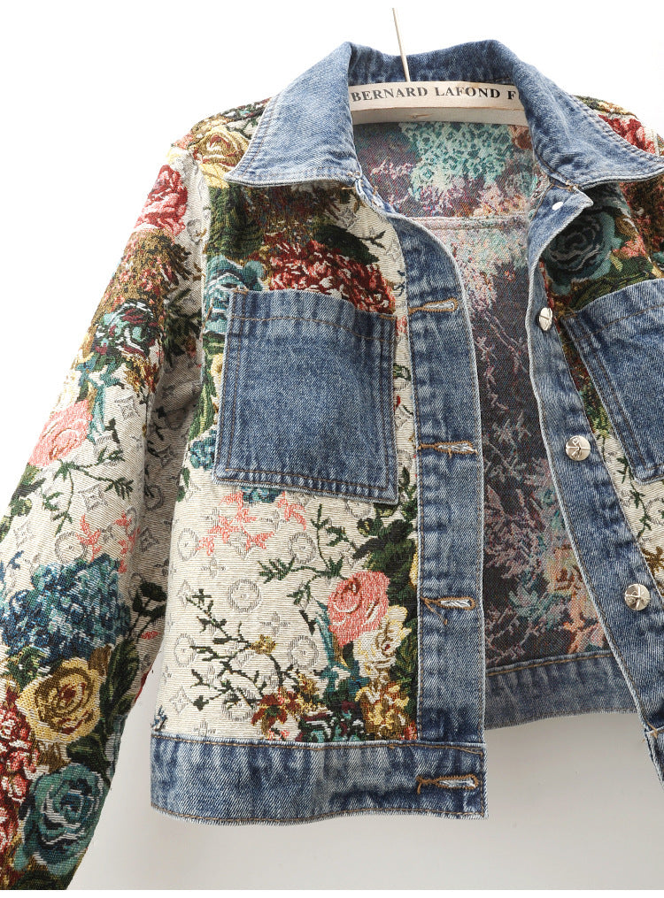 2024 Spring New All-match Printed Stitching Long Sleeve Lapel Denim Coat Women's Short Small Top Jacket