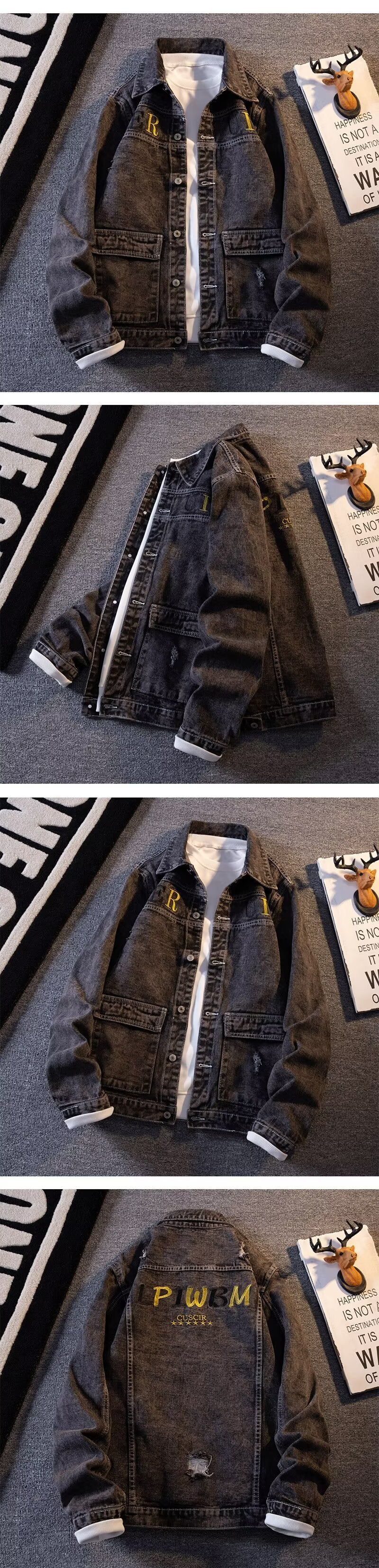 Autumn and Winter Denim Jacket Men's Korean-style Trendy Letter Printed Hong Kong-style Jacket Trendy Simple Loose Casual Denim Jacket
