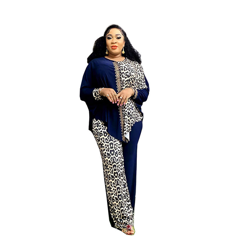 Cross-border Foreign Trade Europe, America and Africa plus size Loose Bat Sleeve Leopard Color Matching Rhinestone Top Pants suit