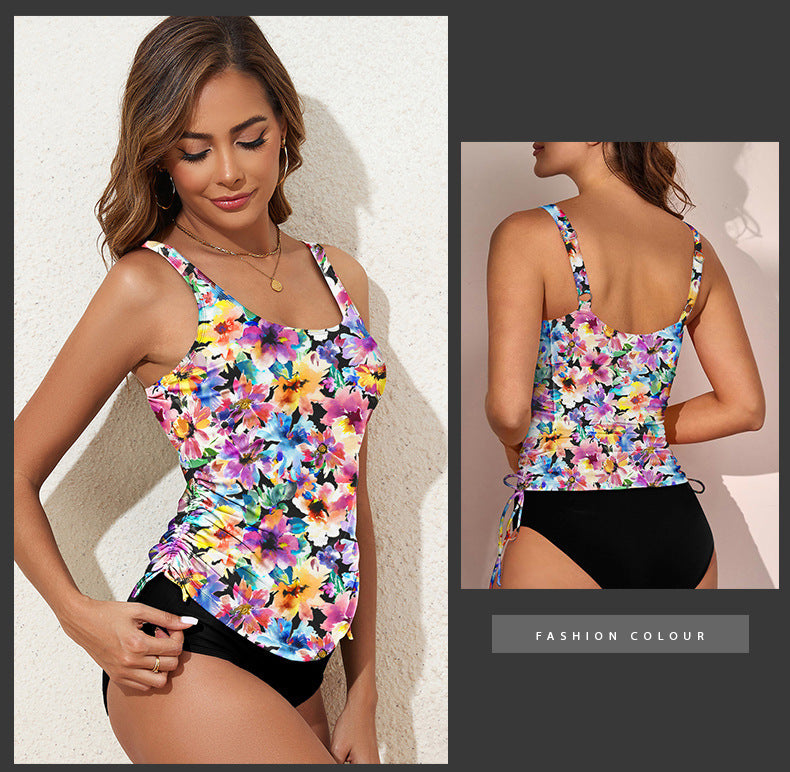 Trendy European and American Tankini Women's Solid Color Sleeveless Adjustable Strap Solid Color with Chest Pad Single Piece Women's Swimwear Top