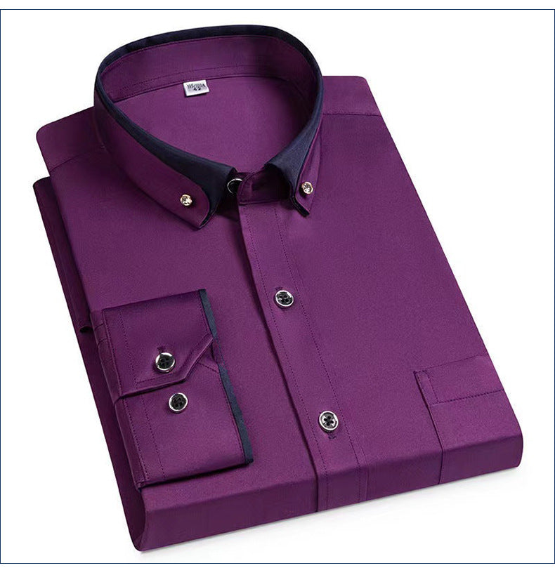 Business Shirts, Long-Sleeved Men's Shirts, No-Iron, Four-Way Stretch, Diamond Button Shirts, Men's Long-Sleeved Shirts
