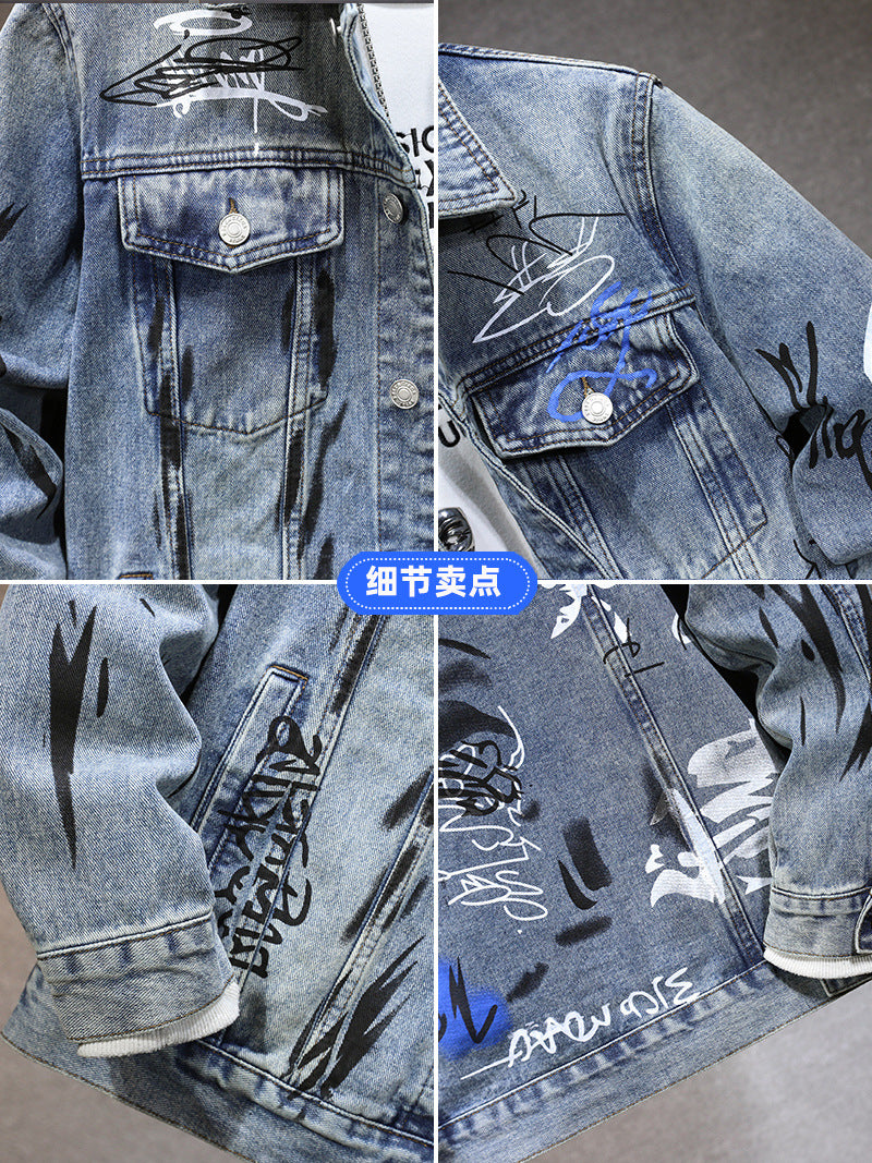 Cross-border new all-matching men's jacket spring and autumn high-end European and American fashion brand graffiti printing fit Denim coat for men