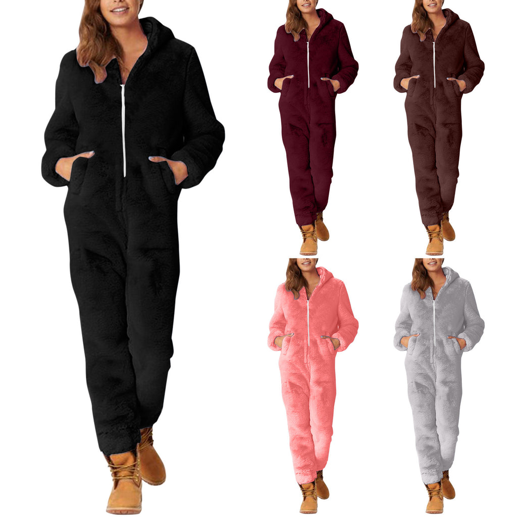 2022 Cross-border Europe and America Amazon Solid Color Thickened Double-sided Fleece Hooded Jumpsuit Casual Couple Home Wear