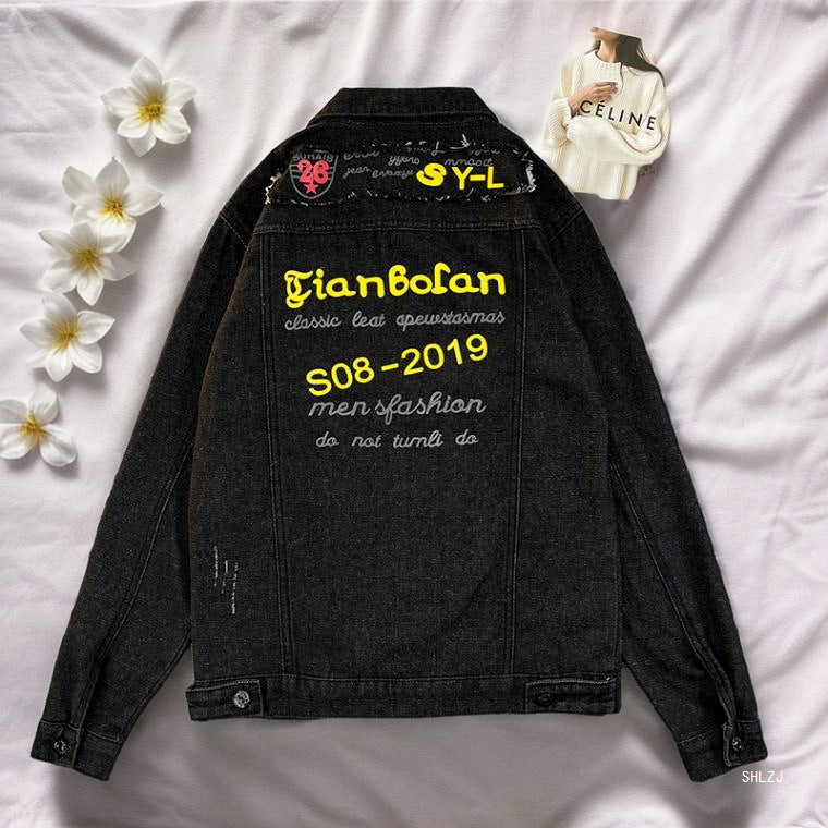 2025 Black Denim Jacket Men's Spring and Autumn Korean Style Trendy Retro Jacket Trendy Brand Letter Print Jacket