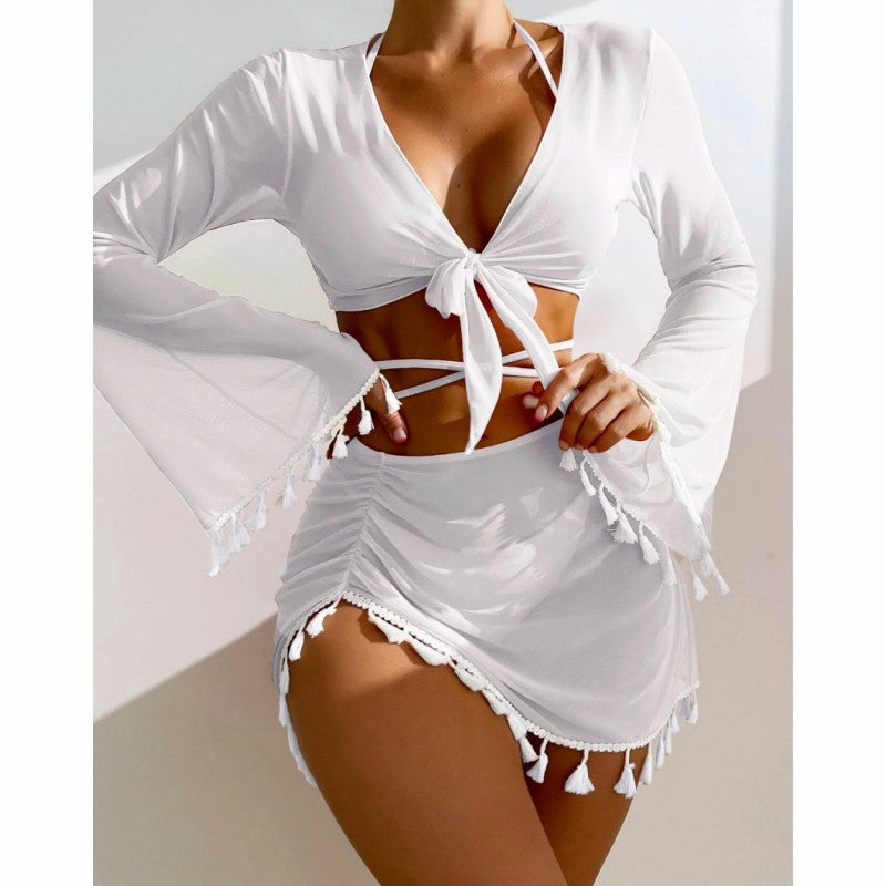 2026 Tassel Mesh Cover-Up Short Skirt Four-Piece Bikini New Thai Ins Style Cross-Border Solid Color Swimsuit for Women